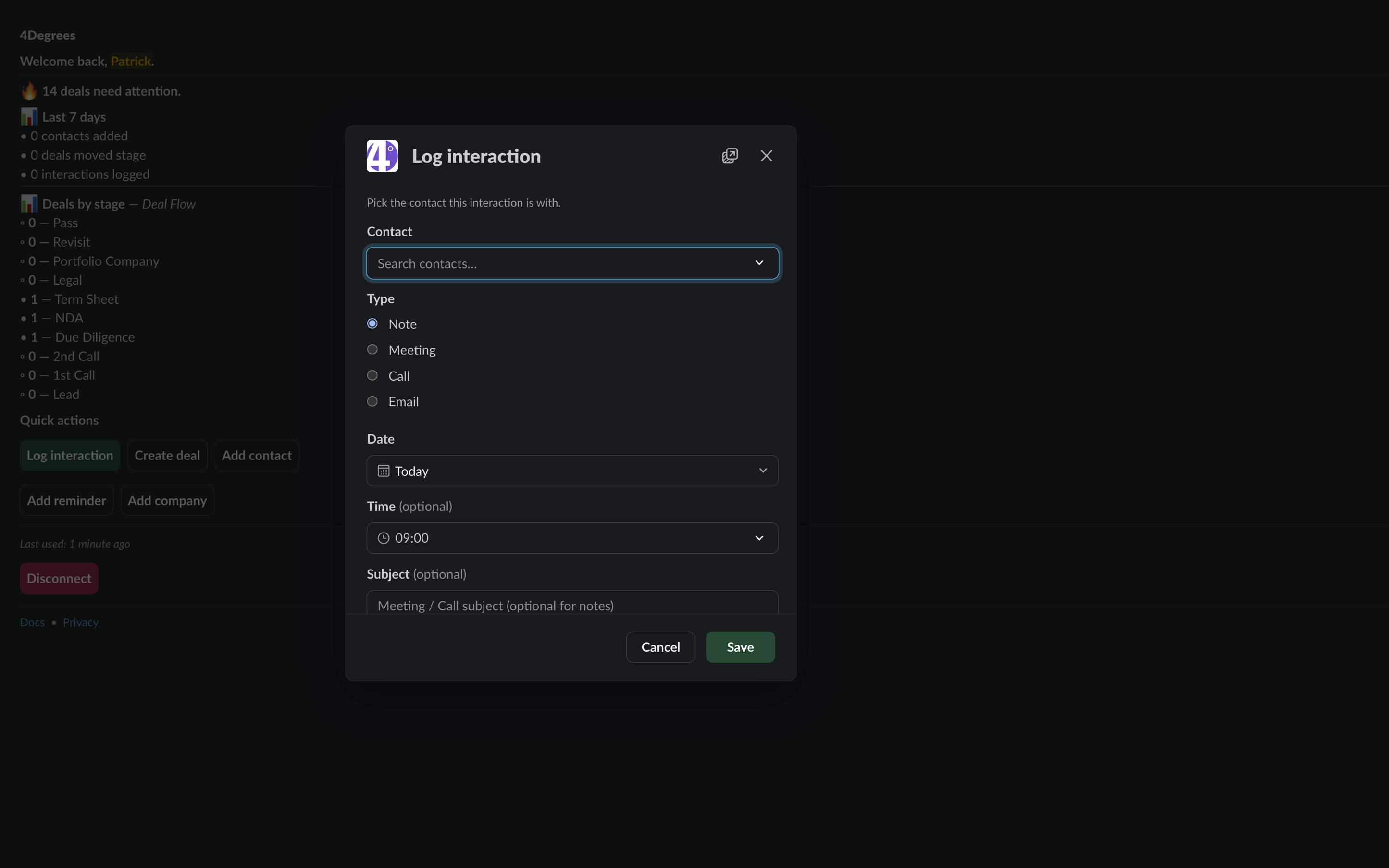 The 4Degrees assistant logging an interaction to a contact directly from a Slack conversation