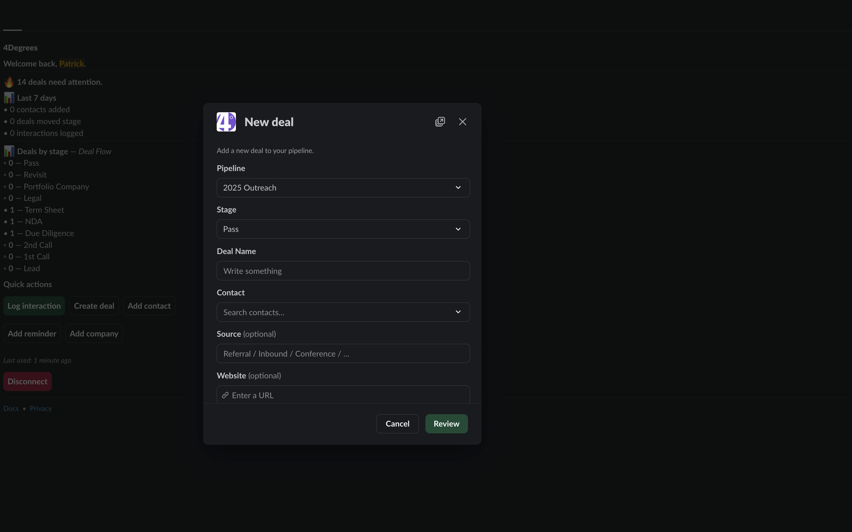 The 4Degrees assistant creating a new deal in a pipeline from within Slack